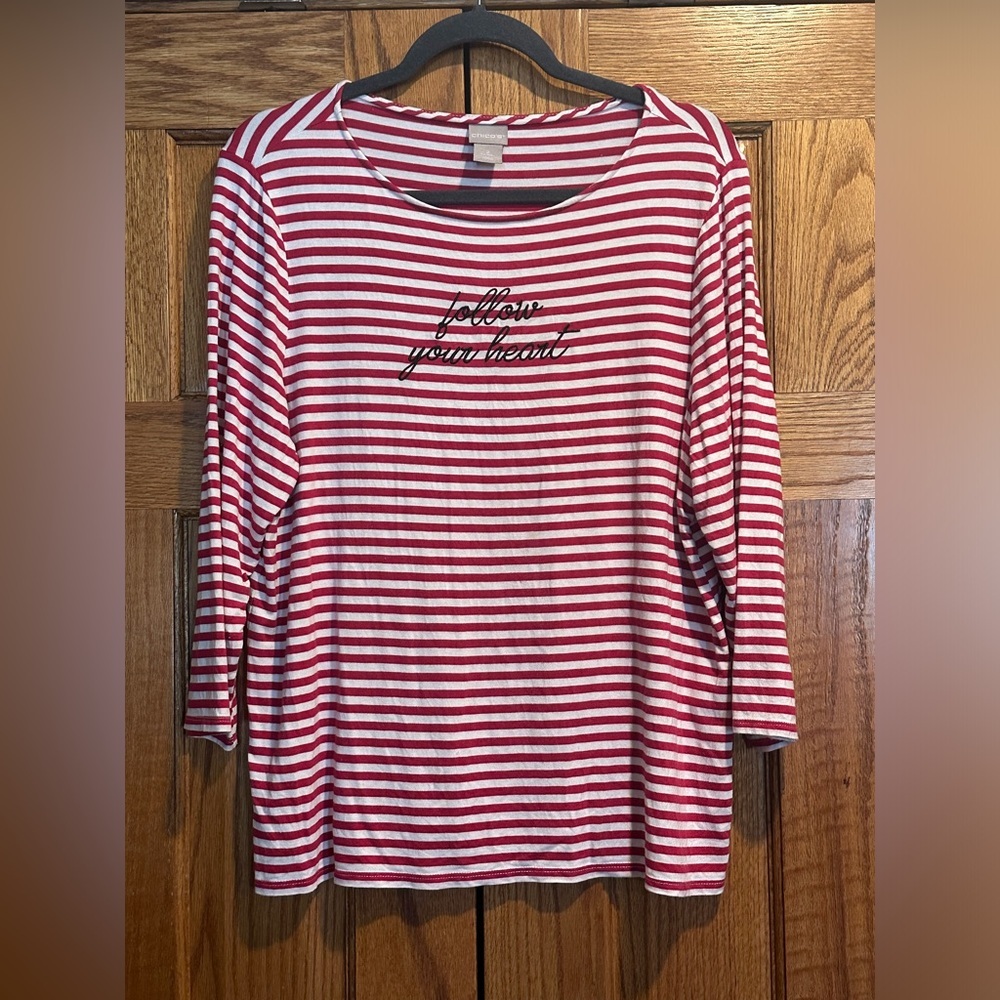Chico’s Red and White Striped Shirt FOLLOW YOUR HEART